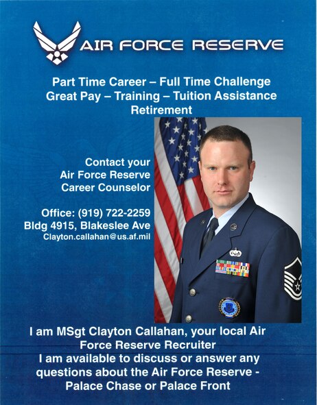 Airmen approaching the end of their active duty contract or who are half-way through their current contract and want to separate or pursue a reserve career, need to talk to their in-service recruiter. For more information, Airmen should attend a briefing held on the first and third Tuesday of every month at 9 a.m. in Building 4915 or call at 919 722-2259. (U.S. Air Force graphic/Senior Airman Gino Reyes/Released)