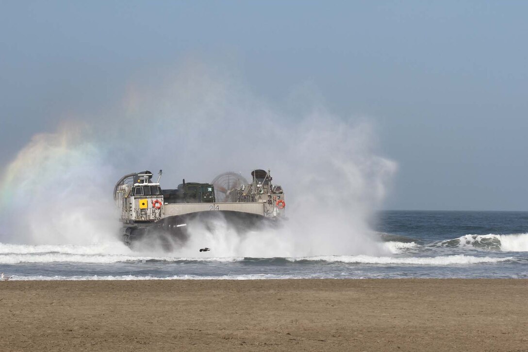 A Landing Craft Air Cushion lands on Ocean Beach as part of a demonstration during San Francisco Fleet Week Oct. 3, 2012. Fleet Week is dedicated to showing civilians the United States military's capability of humanitarian assistance and disaster response preparedness on the home front.