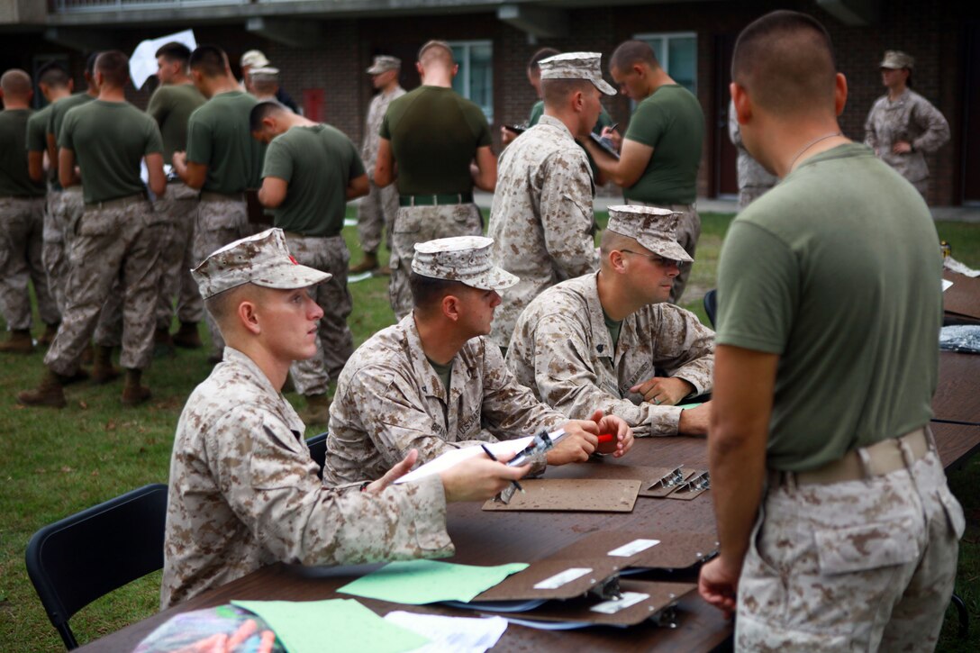 Marines with Combat Logistics Battalion 26, Combat Logistics Regiment 27, 2nd Marine Logistics Group check-in troops during a training exercise aboard Camp Lejeune, N.C., Oct. 3, 2012. Servicemembers trained to evacuate U.S. citizens from a chaotic environment in a foreign country. 