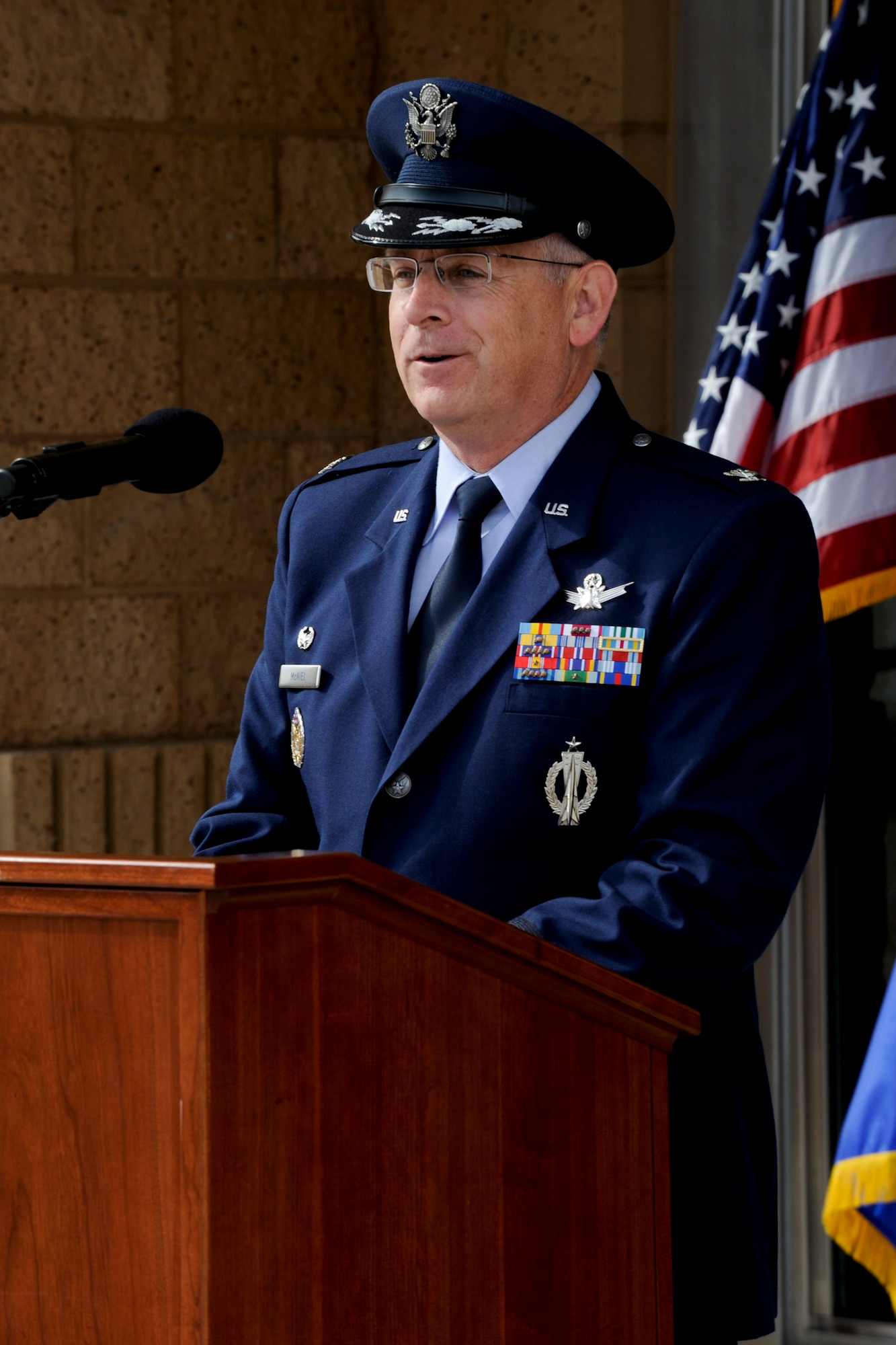 VANDENBERG AIR FORCE BASE, Calif. -- Col. Samuel McNiel, 61st Air Base Group commander and former 21st Space Operations Squadron commander, talks about the heritage of the 21 SOPS during a birthday celebration for the squadron here, Friday, Oct. 5, 2012. Active since 1991, the 21 SOPS handles the day-to-day operation and maintenance of the Air Force Satellite Control Network as well as ground antennas and monitoring stations. (U.S. Air Force photo/Staff Sgt. Levi Riendeau)
