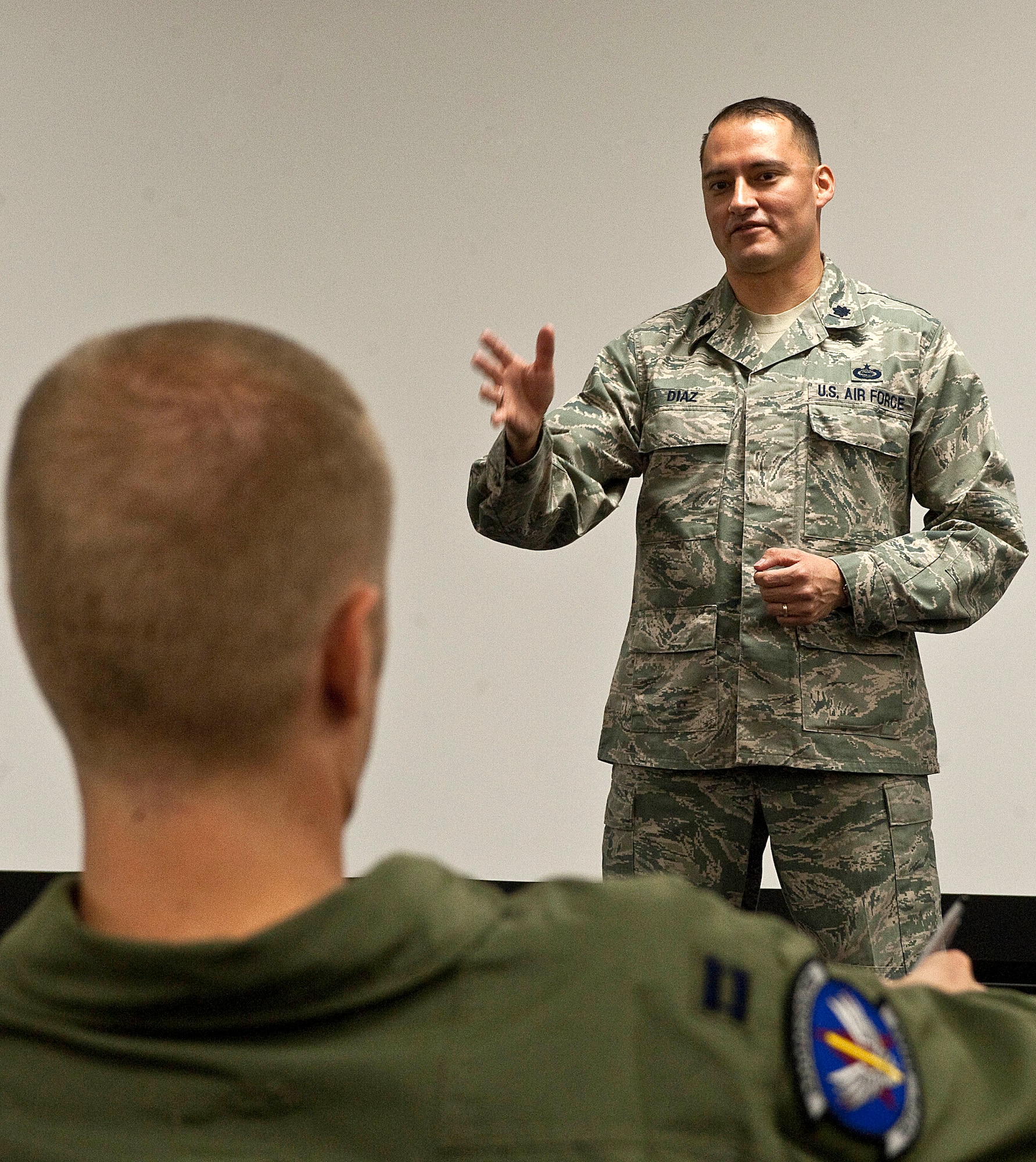 Lt. Col. Chad Diaz, 507th Air Defense Aggressor Squadron director of operations, talks about the Fighter Electronic Officer Course Oct. 5, 2012, at Nellis Air Force Base Nev. The 507th ADAS offers the Fighter Electronic Officer Course, qualifying pilots to become electronic warfare officers. (U.S. Air Force photo by Staff Sgt. Christopher Hubenthal)
