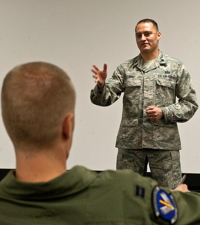 Lt. Col. Chad Diaz, 507th Air Defense Aggressor Squadron director of operations, talks about the Fighter Electronic Officer Course Oct. 5, 2012, at Nellis Air Force Base Nev. The 507th ADAS offers the Fighter Electronic Officer Course, qualifying pilots to become electronic warfare officers. (U.S. Air Force photo by Staff Sgt. Christopher Hubenthal)