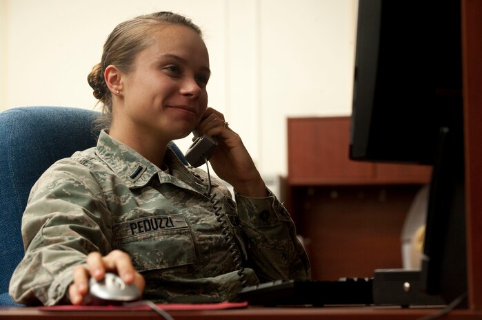 First Lt. Evgenia Peduzzi, 507th Air Defense Aggressor Squadron intelligence officer, reviews training slides Sept. 19, 2012, at Nellis Air Force Base Nev. Airmen of the 507th ADAS simulate a surface-to-air missile threat during Red Flag and Mission Employment exercises. (U.S. Air Force photo by Staff Sgt. Christopher Hubenthal)