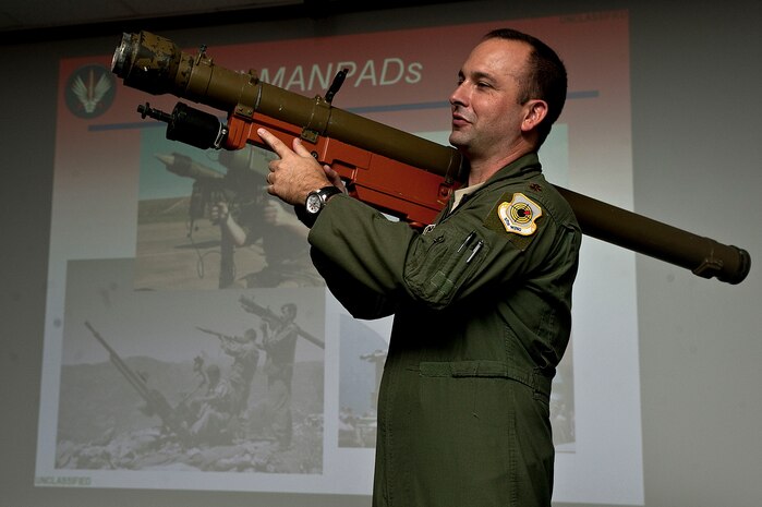 Maj. Joe Sposito, 507th Air Defense Aggressor Squadron assistant operations officer, reviews the functions of an SA-7 surface-to-air missile during training Sept. 19, 2012, at Nellis Air Force Base Nev. The 507th ADAS offers the Fighter Electronic Officer Course, qualifying pilots to become electronic warfare officers. (U.S. Air Force photo by Staff Sgt. Christopher Hubenthal)