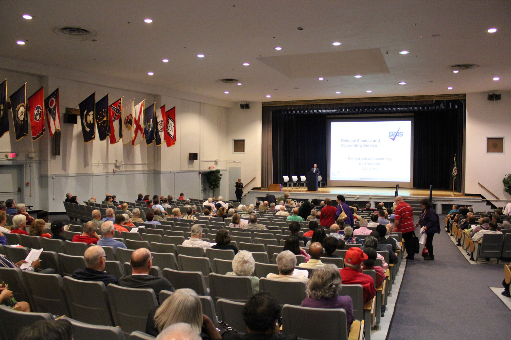 Earl Roberts, retired Defense Finance and Accounting System pay and annuity office manager, speaks to retirees during the 2012 Army Support Activity Retiree Appreciation Day Sept. 29 in the Timmermann Center here. Roberts spoke to the retirees about their pay, entitlement and benefits.

(Photo by Judy Jordan/released)