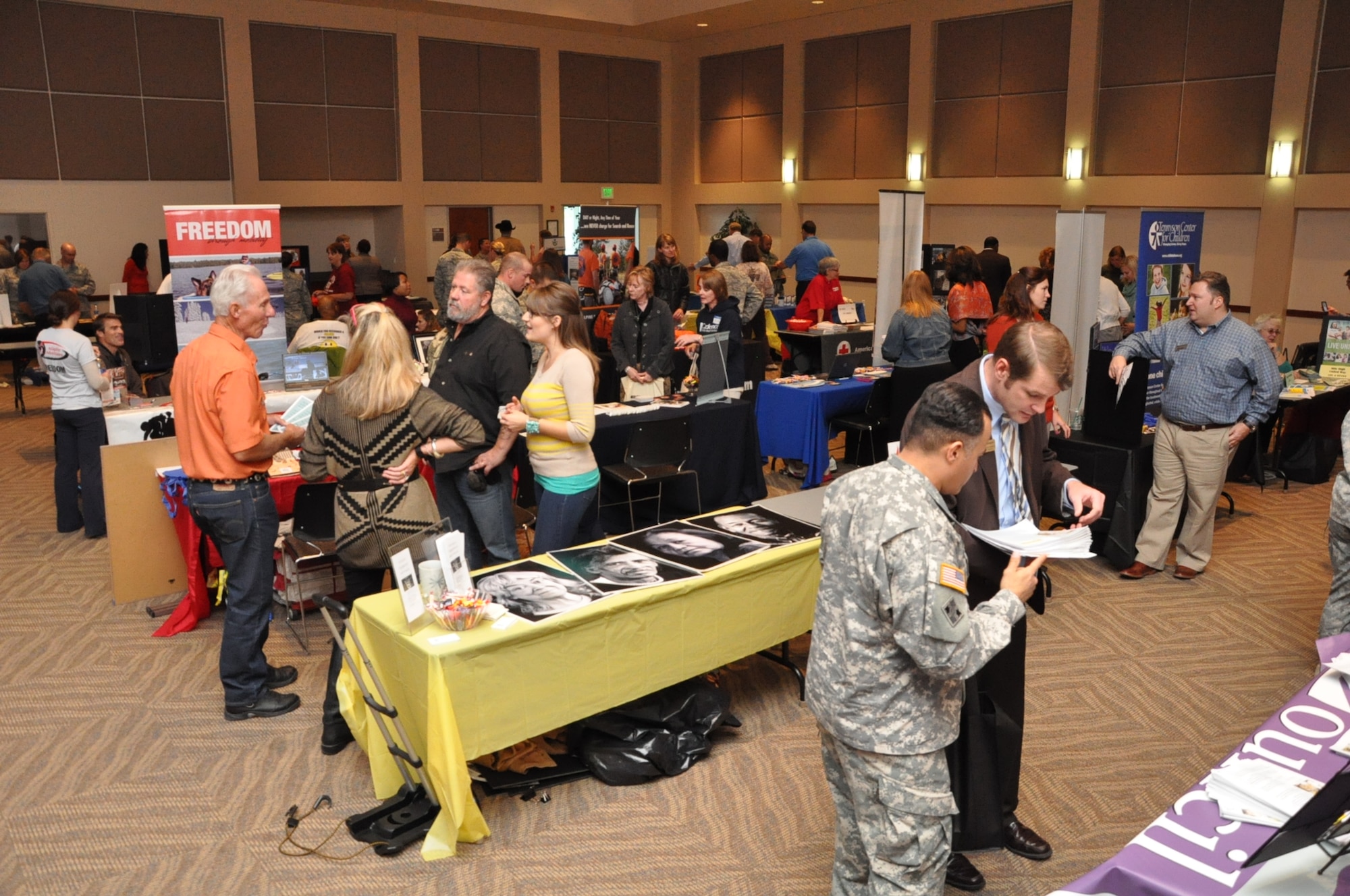 BUCKLEY AIR FORCE BASE, Colo. – Team Buckley members wander through a sea of representatives from approximately 70 charities during the Buckley Combined Federal Campaign kick-off event Oct. 4, 2012, at the Leadership Development Center. The CFC goal is to make 100-percent contact with potential contributors, while the base goal is to have 30-percent participation for Team Buckley members. (U.S. Air Force photo by Staff Sgt. Kali L. Gradishar)