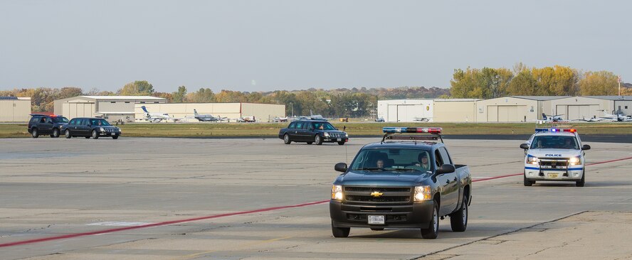 President Barack Obama's convoy returns to Truax Field, Madison, Wisc., October 4, 2012. The President visted the base prior to speaking at Bascom Hill on the University of Wisconsin-Madison campus. (U.S. Air Force photo by Tech Sgt. Ashley Bell)