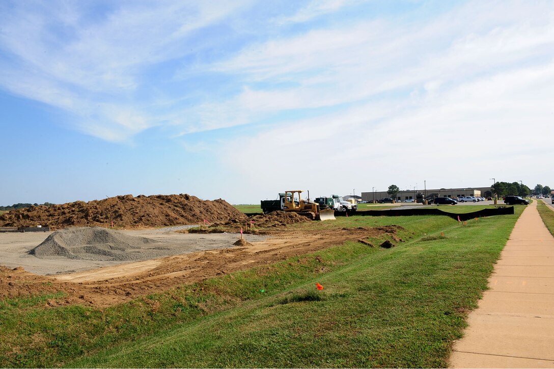 The opening of Lee Road, off of Sweeney Ave., awaits completion at Langley Air Force Base, Va., Oct. 5, 2012. Construction of the road, which began two weeks ago, is set to be completed by spring 2013.  (U.S. Air Force photo by Staff Sgt. Ashley Hawkins/Released)
