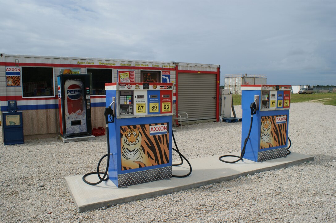 A civilian gas station is part of the "CONUS Town" where students search for nuclear material, part of the Weapons of Mass Destruction Division training area at Naval School Explosive Ordnance Disposal at Eglin Air Force Base, Fla., July 20, 2012.  The gas station was one of multiple projects completed by the NAVSCOLEOD staff utilizing recyclable materials from the Defense Reutilization and Marketing Service and other sources. (U.S. Air Force photo/Dan Hawkins)