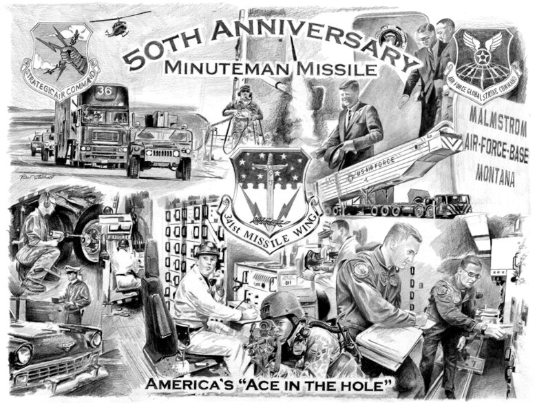 This artist's rendition depicts events at the 341st Missile Wing over the course of the last 50 years. (U.S. Air Force artwork/Bob Stillwell)