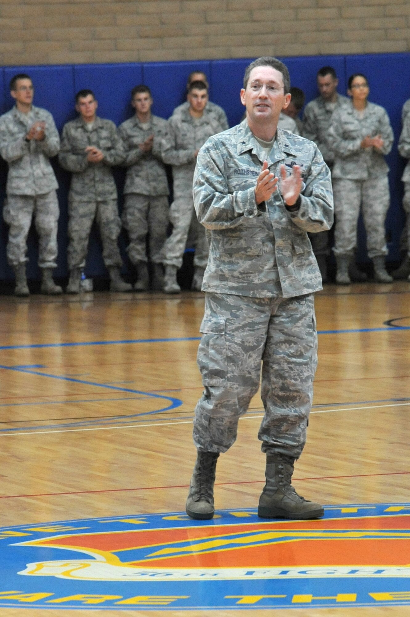Brig. Gen. Michael Rothstein, 56th Fighter Wing commander, speaks to Luke Airmen during his first commander’s call Sept. 28 at the Luke Air Force Base Bryant Fitness Center.   (U.S. Air Force photo by Senior Airman Sandra Welch)
