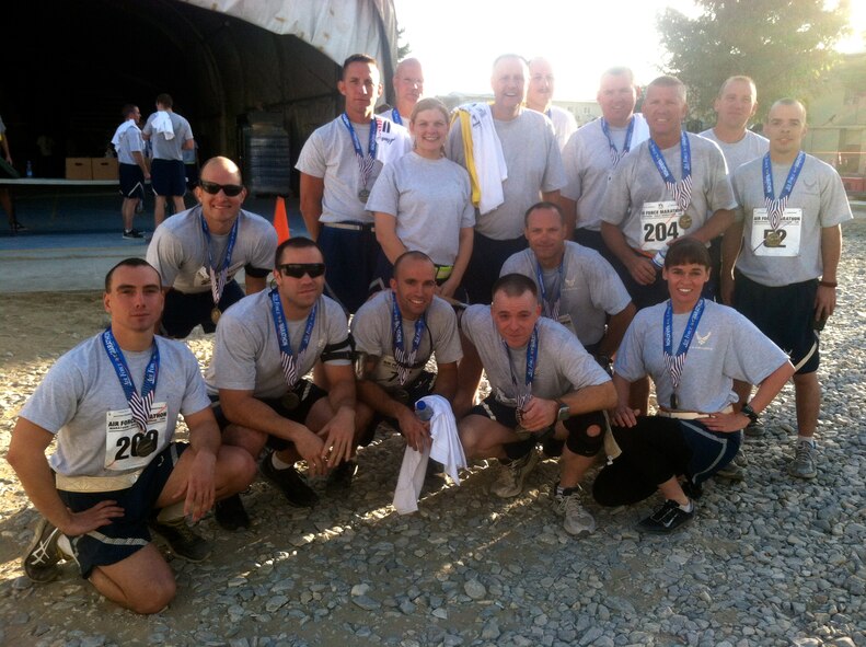 Deployed Airmen with the 188th Fighter Wing competed in the U.S. Air Force Marathon Sept. 15, 2012, at Bagram Airfield, Afghanistan. More than 500 Airmen registered to run. Runners chose from four distances: The full-marathon, the half-marathon, a ten-kilometer run, or a five-kilometer run. Bagram was one of seven deployed locations throughout the area of responsibility that participated in the marathon. (Courtesy photo)