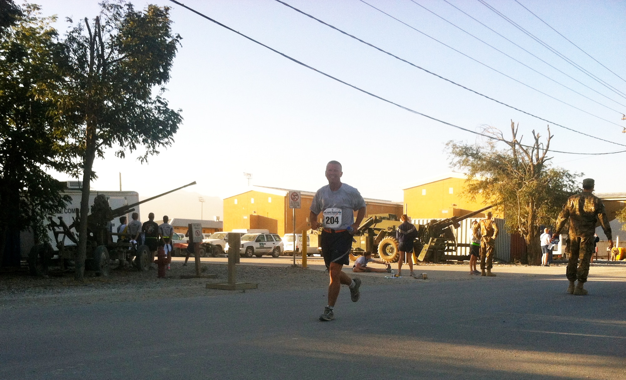 Senior Master Sgt. Wally Schluterman with the 188th Fighter Wing competed in the U.S. Air Force Marathon Sept. 15, 2012, at Bagram Airfield, Afghanistan. More than 500 Airmen registered to run. Runners chose from four distances: The full-marathon, the half-marathon, a ten-kilometer run, or a five-kilometer run. Bagram was one of seven deployed locations throughout the area of responsibility that participated in the marathon. (Courtesy photo)