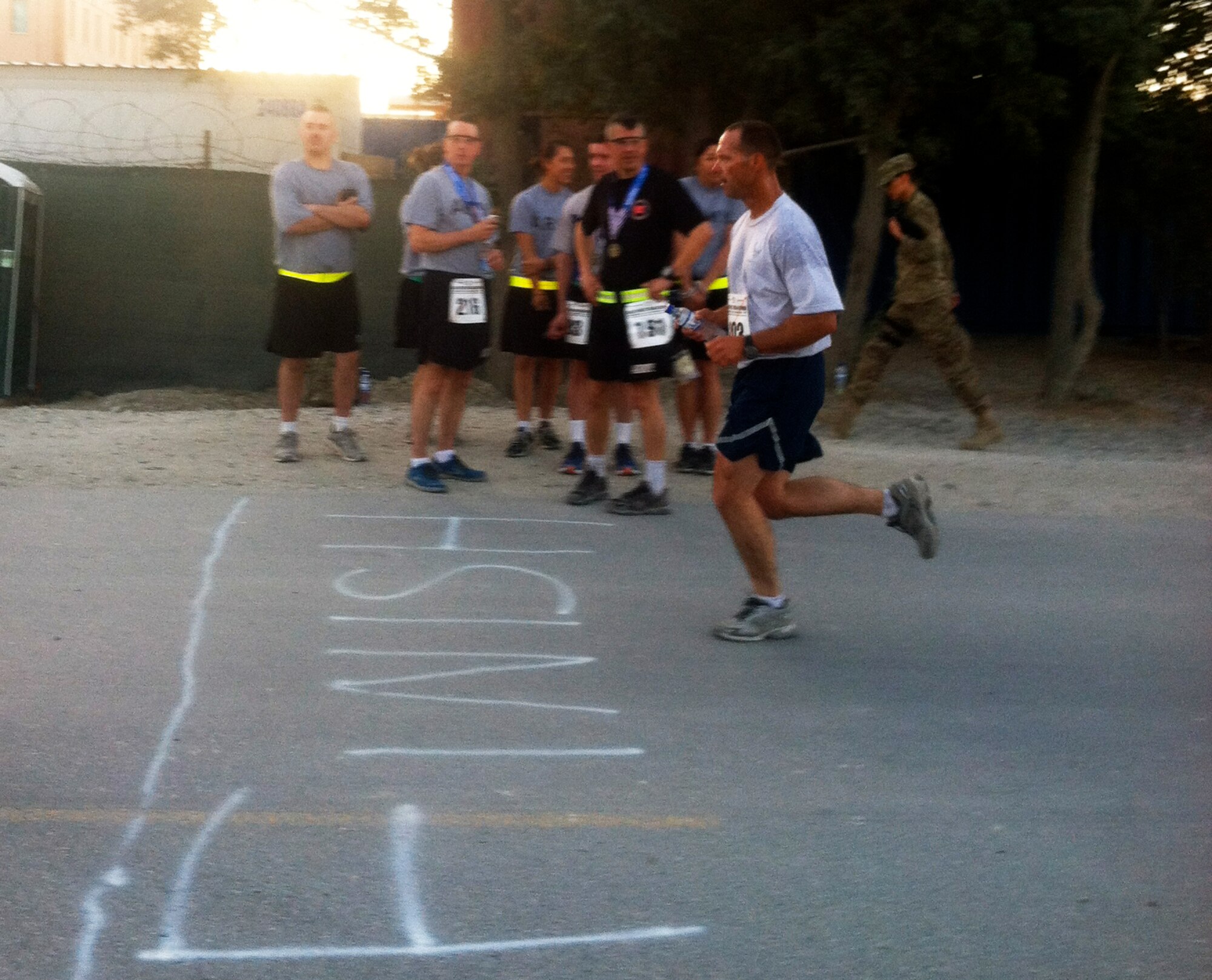 Chief Master Sgt. Donnie Frederick with the 188th Fighter Wing competed in the U.S. Air Force Marathon Sept. 15, 2012, at Bagram Airfield, Afghanistan. More than 500 Airmen registered to run. Runners chose from four distances: The full-marathon, the half-marathon, a ten-kilometer run, or a five-kilometer run. Bagram was one of seven deployed locations throughout the area of responsibility that participated in the marathon. (Courtesy photo)
