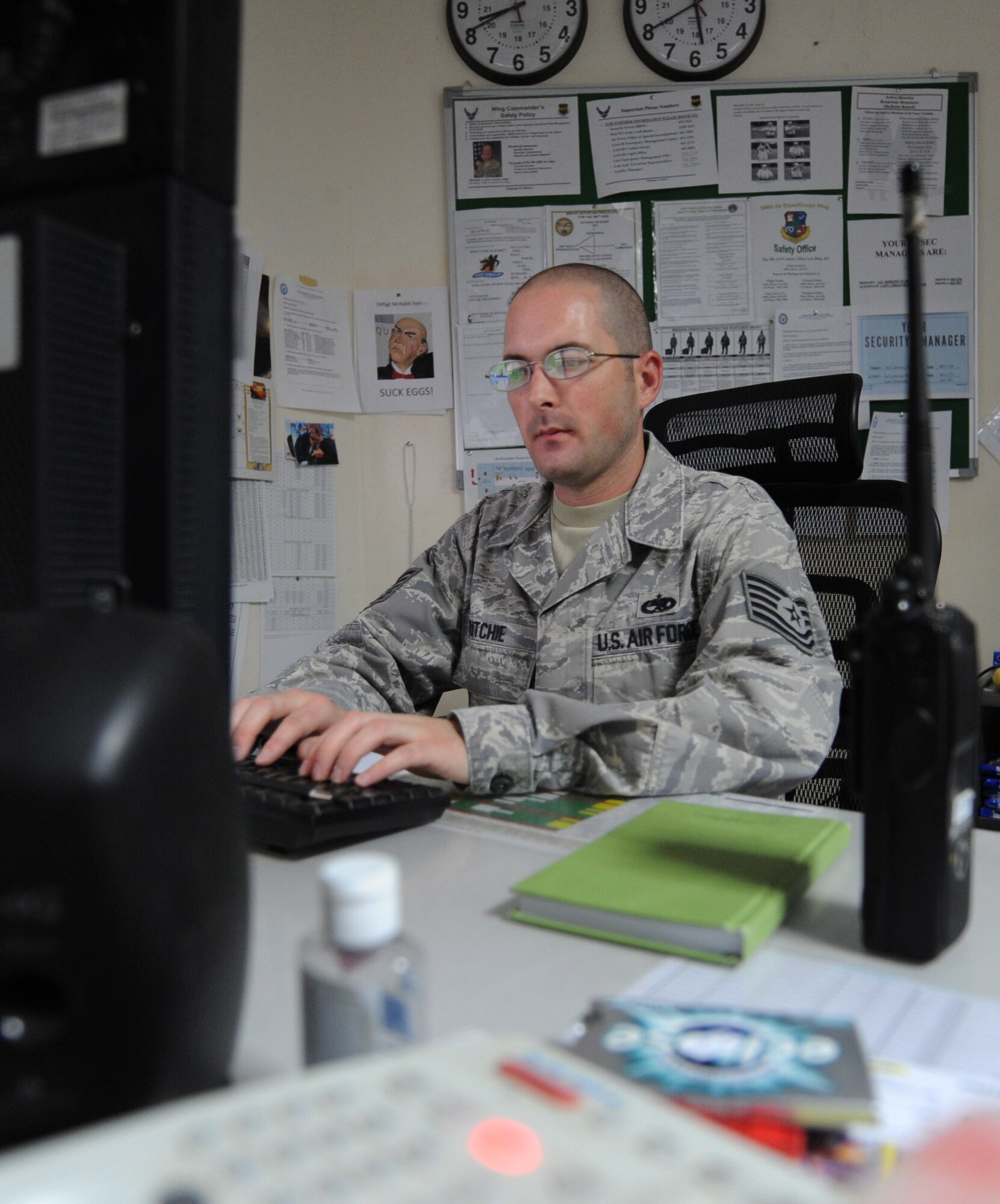 SOUTHWEST ASIA – Tech. Sgt. Erik Ritchie, 386th Expeditionary Maintenance Squadron, maintenance operations center NCO-in-charge, monitors updates with all assigned and transient aircraft assigned to the wing here Oct. 5. Ritchie continues to keep maintainers out of harm’s way by expeditiously running checklists whether it is exercise or real-world actions. He and his team also coordinate maintenance repair teams when an aircraft breaks off station to ensure the assigned mission is completed. Ritchie is the 386th Air Expeditionary Wing Rock Solid Warrior. (U.S. Air Force photo/Staff Sgt. Alexandra M. Boutte)