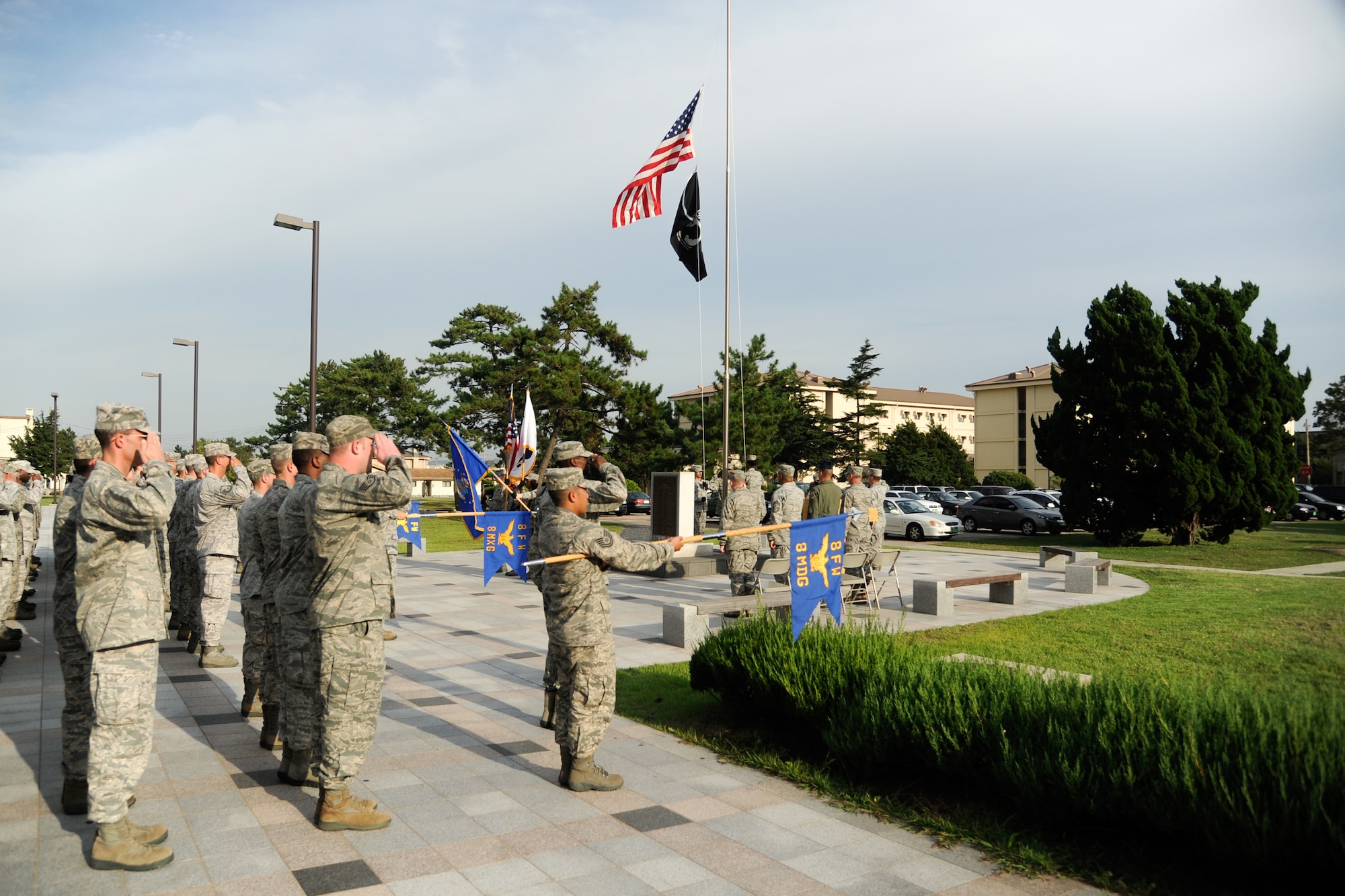 Airmen from the 8th Fighter Wing honor servicemembers listed as prisoners of war or missing in action during a ceremony Sept. 21, 2012, at Kunsan Air Base, Republic of Korea. The 8th FW has a strong tradition of combat across the Pacific and suffered 49 MIA and two POW during World War II. (U.S. Air Force photo/Tech. Sgt. Michael Schocker)
