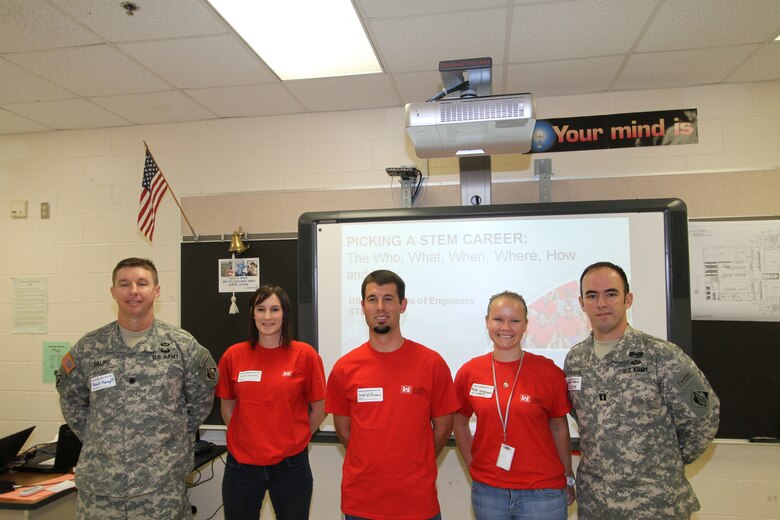 (From l to r) Lt. Col. Robert Haupt, Kristen Donofrio, Josh Williams, Nicole Woodward and Capt. Antonio Pazos comprise Norfolk District's STEM team. On Sept. 28, the team presented a session to the sixth- and seventh-grade students at Corporate Landing Middle School in Virginia Beach, Va. The team's focus was to attract yound minds to pursue career fields in science, technology, engineering and mathematics. 