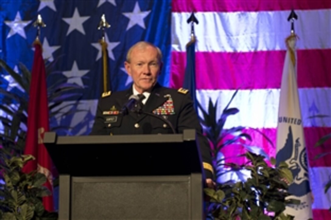Army Gen. Martin E. Dempsey, chairman of the Joint Chiefs of Staff, delivers the keynote address at the Home Front Cares gala in Colorado Springs, Colo, Oct. 5, 2012. Home Front Cares is an organization that provides support for families of deployed troops.