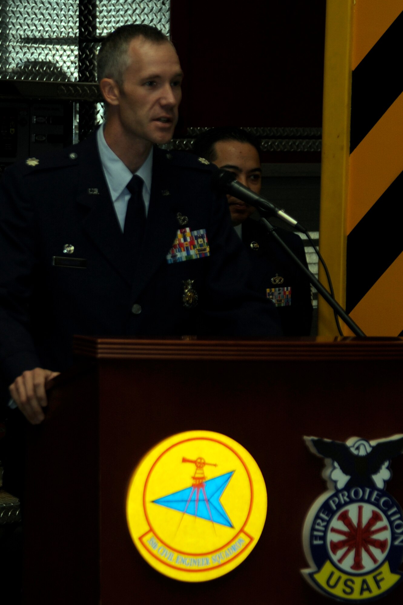 U.S. Air Force Lt. Col. Scott Grainger, 35th Civil Engineer Squadron commander, speaks during the Bells Across America Memorial Service, part of the National Fallen Firefighter Memorial Weekend, at Misawa Air Base, Japan, Oct. 7, 2012. This is the second year bells will ring from coast to coast as a nation pauses to honor firefighters who died in the line of duty. (U.S. Air Force photo/Tech. Sgt. Marie Brown)