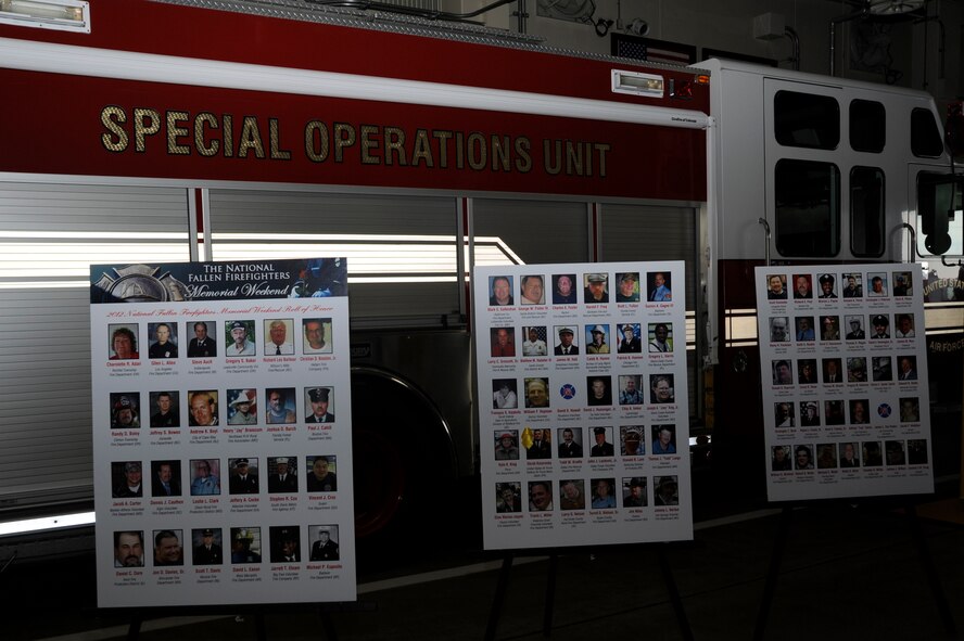 Photos and names of fallen firefighters sit on display during the Bells Across America Memorial Service, part of the National Fallen Firefighter Memorial Weekend, at Misawa Air Base, Japan, Oct. 7, 2012. The ceremony honors firefighters who died in the line of duty in 2011 and previous years. Members of the 35th Civil Engineer Squadron are honoring U.S. Air Force Airman 1st Class Derek Kozorosky from Kadena Air Base, Japan. (U.S. Air Force photo/Tech. Sgt. Marie Brown)