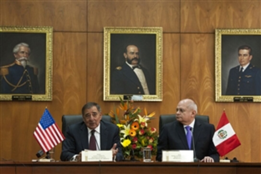 U.S. Defense Secretary Leon E. Panetta, left, and Peruvian Defense Minister Pedro Cateriano Bellido meet in Lima, Peru Oct. 6, 2012. Panetta is visiting South America on a four-day trip to strengthen defense relationships with Western Hemisphere counterparts.