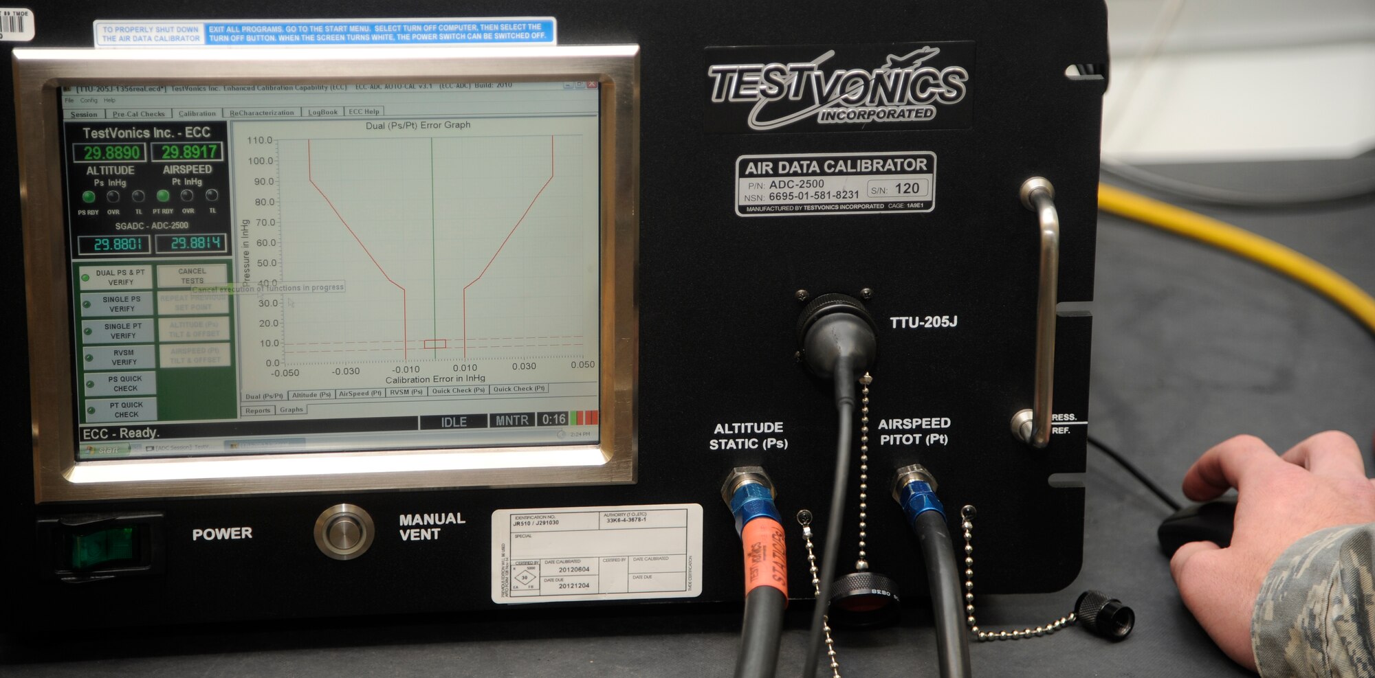 Air Data Calibrators are used by precision measurement equipment laboratory technicians to calibrate a TTU-205J  using an Air Data Calibrator at Kunsan Air Base, Republic of Korea, Oct. 3, 2012. The calibrations allow the F-16 Fighting Falcons to fly properly in close formations at high speeds. (U.S. Air Force photo/Senior Airman Marcus Morris)