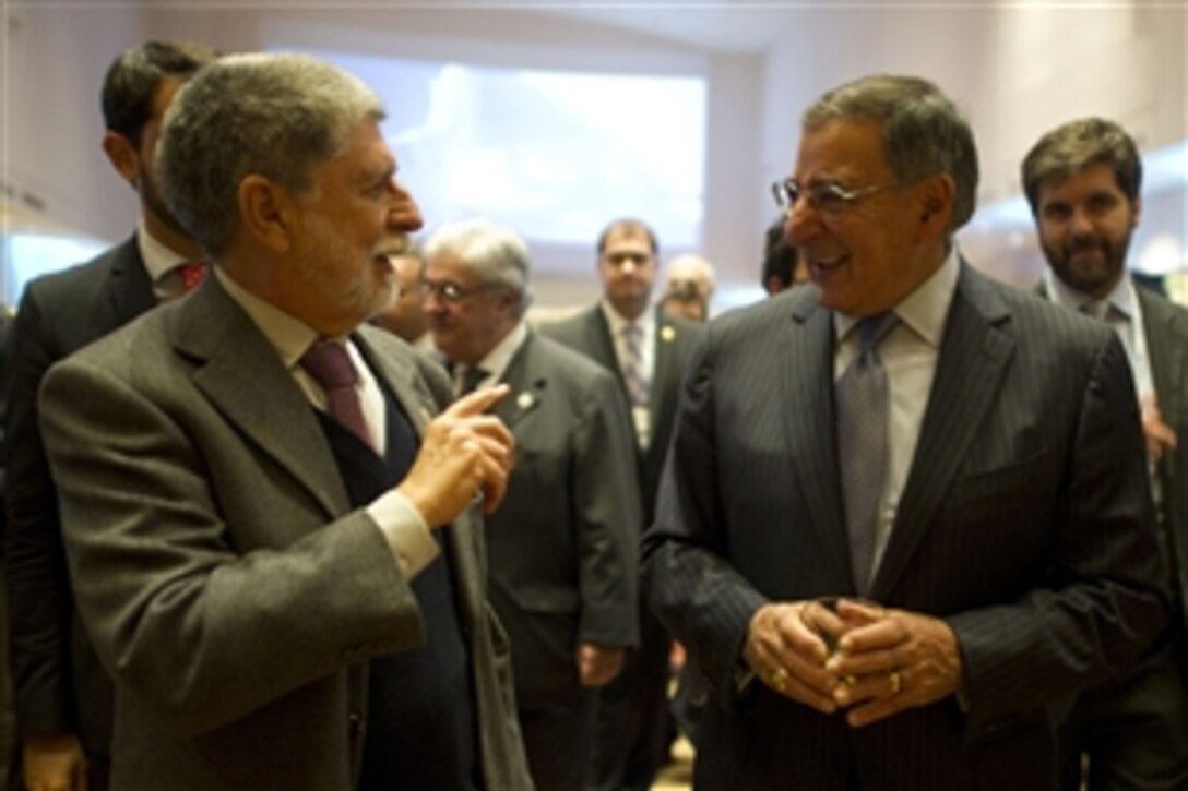 U.S. Defense Secretary Leon E. Panetta, right, meets with Brazilian Defense Minister Celso Luis Nunes at a conference for defense ministers in Punta del Este, Uruguay, Oct 7, 2012. Panetta is visiting South America to strengthen defense partnerships with countries in the region.
