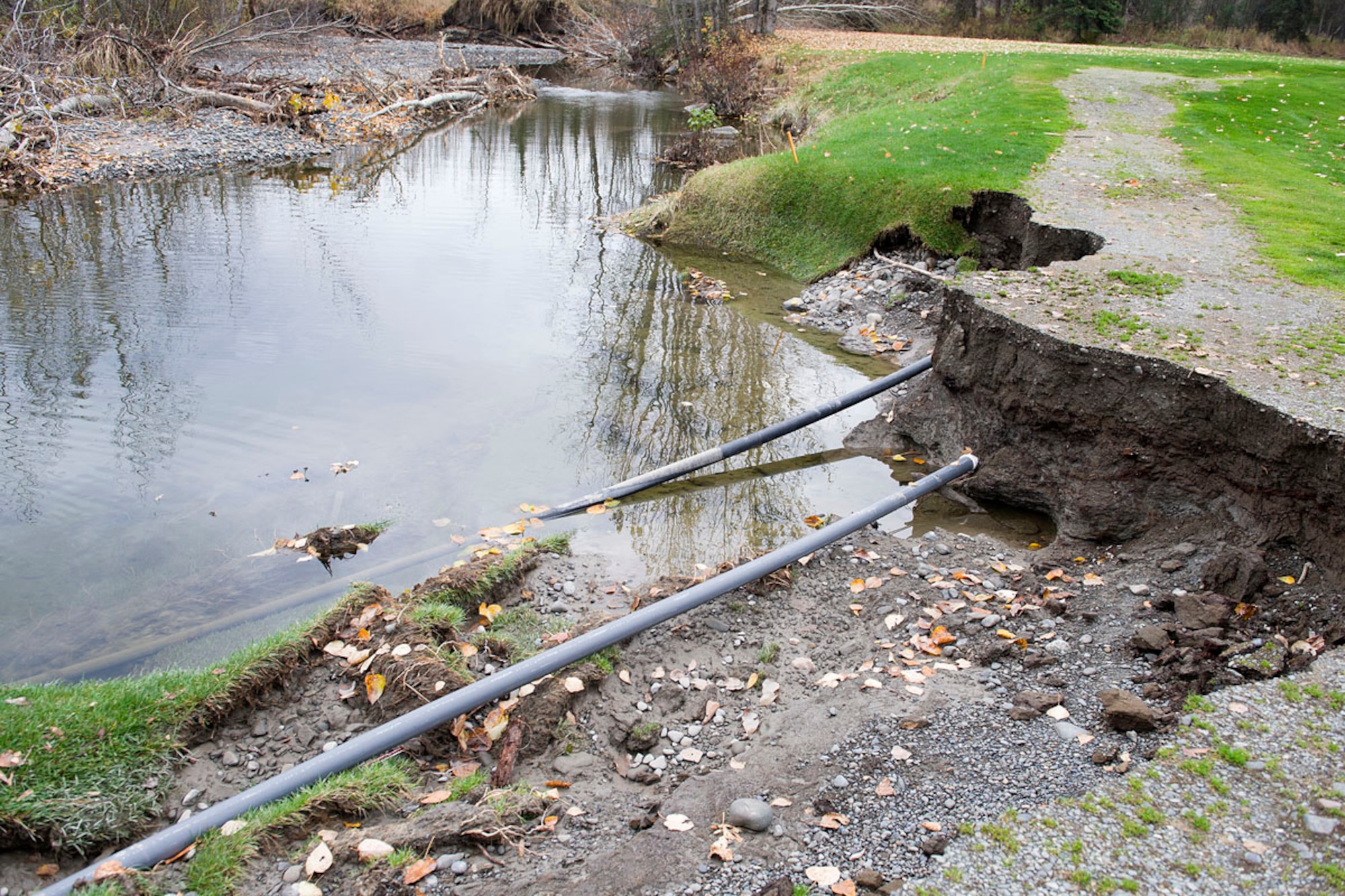 Damage from Ship Creek on Eagleglen Golf Course on Joint Base Elmendorf-Richardson, Oct. 2, 2012. Damage from winds and flooding have damaged the golf courses on JBER and left it as a "September to remember." (U.S. Air Force photo/Staff Sgt. Zachary Wolf)