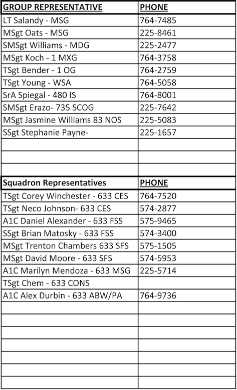 See the graphic above for the comprehensive list of the 2012 Combined Federal Campaign representatives for the 633rd Air Base Wing. (U.S. Air Force graphic by Airman 1st Class R. Alex Durbin/Released)
