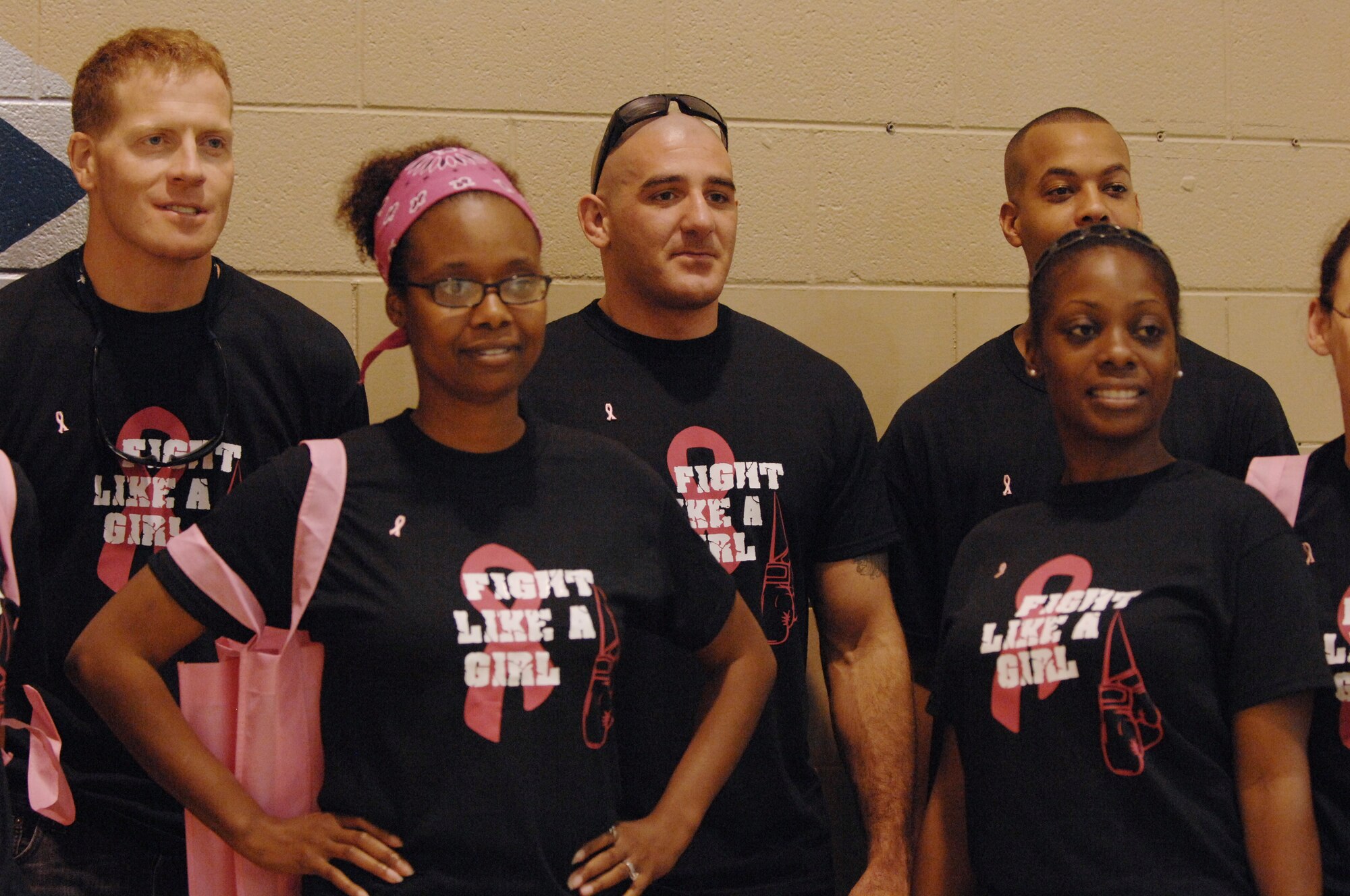 U.S. Air Force Airmen gather for the annual breast cancer awareness walk at the fitness center, Shaw Air Force Base, S.C., Oct. 2, 2012.  The event was held by the Health and Wellness Center along with the 20th Medical Group.  More than 100 people participated in the walk. (U.S. Air Force photo by Airman Nicole Sikorski/Released)