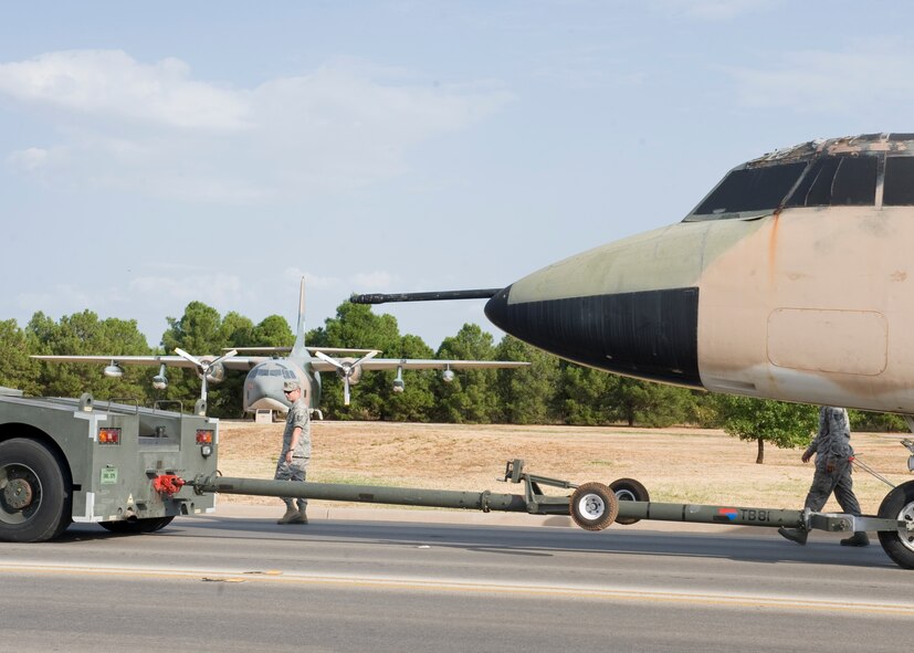 An RB-66 is transported to the 7th Equipment Maintenance Squadron Aug. 18, 2012, at Dyess Air Force Base, Texas. The 7th EMS is restoring the aircraft to be placed in the Dyess Linear Airpark. (U.S. Air Force photo by Airman 1st Class Peter Thompson/ Released)