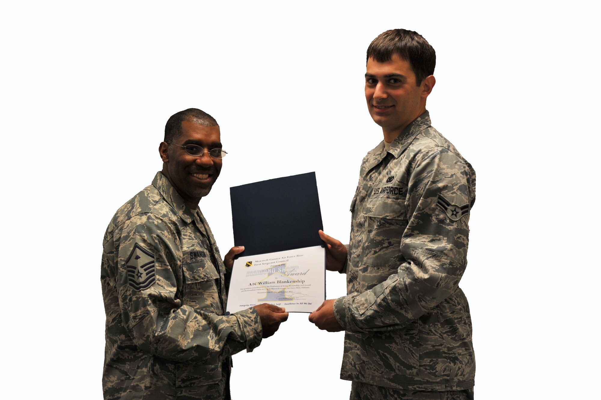 Air University Public Affairs photojournalist, Airman 1st Class William Blankenship is the latest Diamond Sharp Award winner. Blankenship was selected for the Diamond Sharp award because of his positive contributions to the Profession of Arms, Airmanship and overall professionalism while serving at Maxwell Air Force Base, Alabama. (U.S. Air Force photo illustration by Master Sgt. Michael Voss)