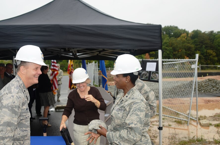 (L to R) U.S. Air Force Brig. Gen. Scott Kelly, 175th Wing Commander, Ms. Barbara Nemchek from Burns & McDonnell Design Firm and U.S. Air Force Brig. Gen. Allyson Solomon, Assistant Adjutant General–Air prepare to break ground on our new facility at Warfield Air National Guard Base, Baltimore, Maryland on October 2, 2012.  This new 31,500 Square Foot Facility is designed to house the 175th Wing Headquarters, Mission Support Group and Medical Group missions.  This facility has a projected cost $11.8 million, and features multiple green roofs and is anticipated to achieve certified LEED Silver status with the numerous energy enhancement measures upon its completion.

Functional areas include offices, medical/dental examination and treatment space, classrooms, administration space, command section, conference rooms, telephone switching/data automation center as well as utility systems services and connections. (National Guard photo by Senior Master Sgt. Ed Bard)

