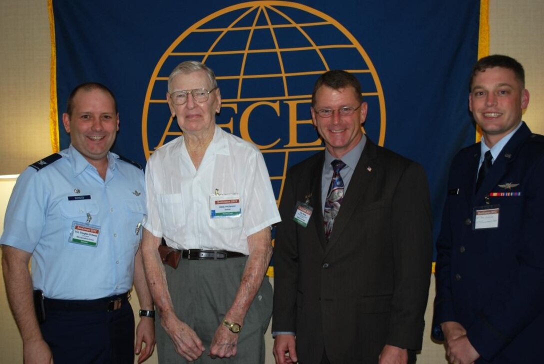 Attending with Col. Schiess, far left, are (left to right) Andy
Anderson, AFCEA member and long-time 45th Space Wing volunteer tour guide,
Lt. Col. (Ret.) Daniel Steele, former commander, 45th Communications
Squadron and 2nd Lt. Dan Griffith, 45th Communications Squadron.
