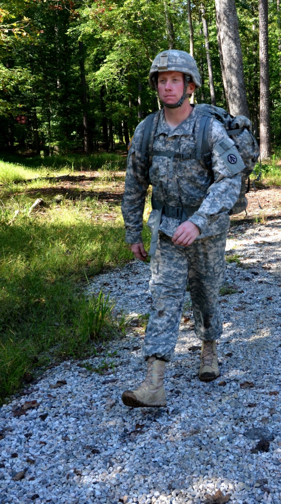 U.S. Army Spc. James Conklin, a Soldier assigned to the 597th Transportation Brigade, trains in ruck marching at Fort Eustis, Va., Oct. 5, 2012. Conklin holds three “Best Warrior” titles: the 597th Transporation Brigade., the Military Surface Deployment and Distribution Command and the Army Materiel Command. (U.S. Army photo by Michelle Montieth/Released)