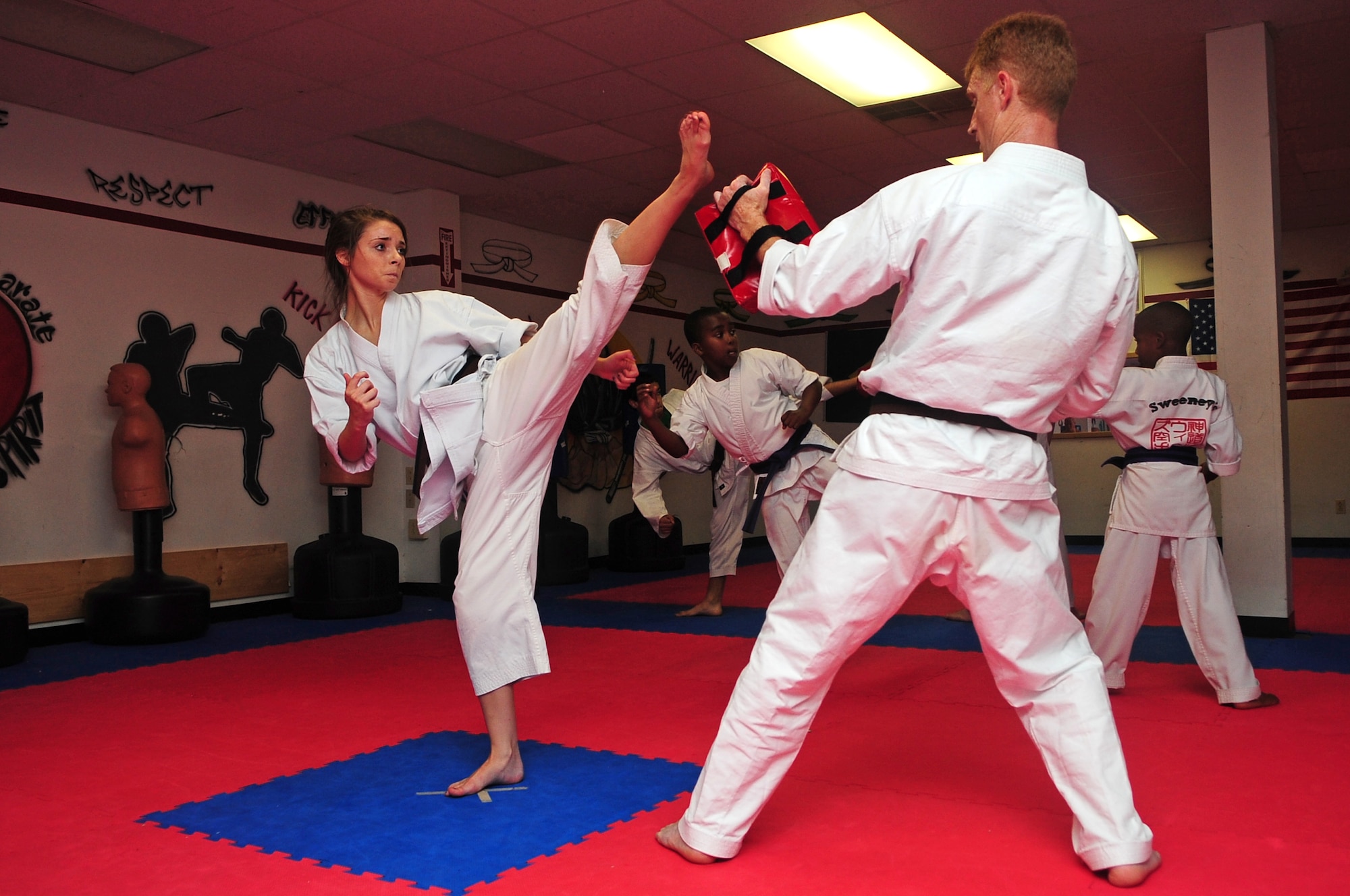 Aerial Vineyard, 15, performs a roundhouse kick during her karate practice in Goldsboro, N.C., Oct. 2, 2012. The teen earned two gold medals in kata and weapons fighting, and one silver in sparring during this year’s Junior Olympics. Aerieal is the daughter of Tech. Sgt. Michael Vineyard, 335th Aircraft Maintenance Unit flight line expeditor. (U.S. Air Force photo/Airman 1st Class Aubrey Robinson/Released)