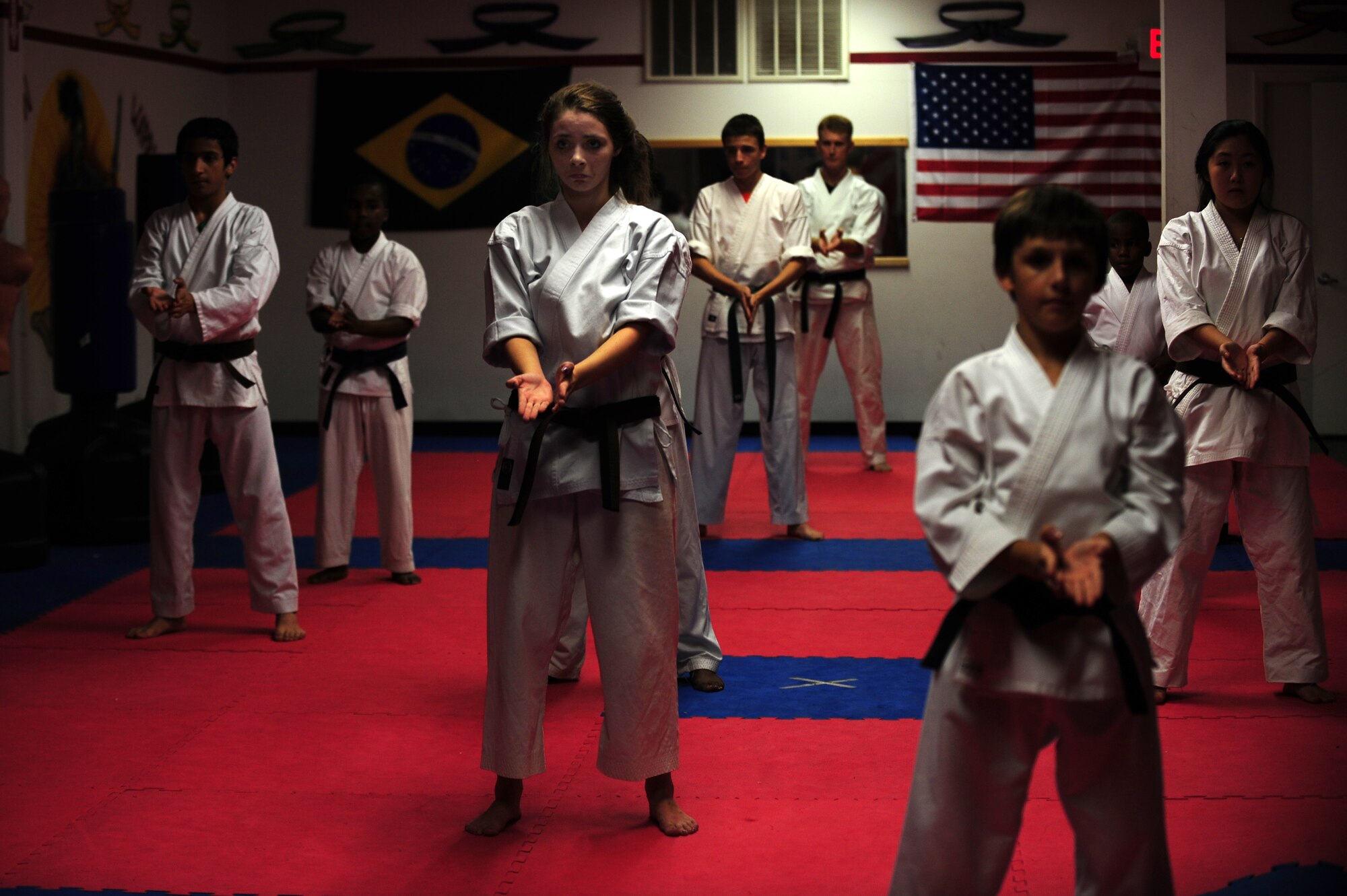 Aerieal Vineyard (center), 15, and other karate students perform kata during their karate practice in Goldsboro, N.C., Oct. 2, 2012. As a military child with several permanent changes of station under her belt, Aerial uses karate as a way to stay positive and balanced. Aerieal is the daughter of Tech. Sgt. Michael Vineyard, 335th Aircraft Maintenance Unit flight line expeditor. (U.S. Air Force photo/Airman 1st Class Aubrey Robinson/Released)