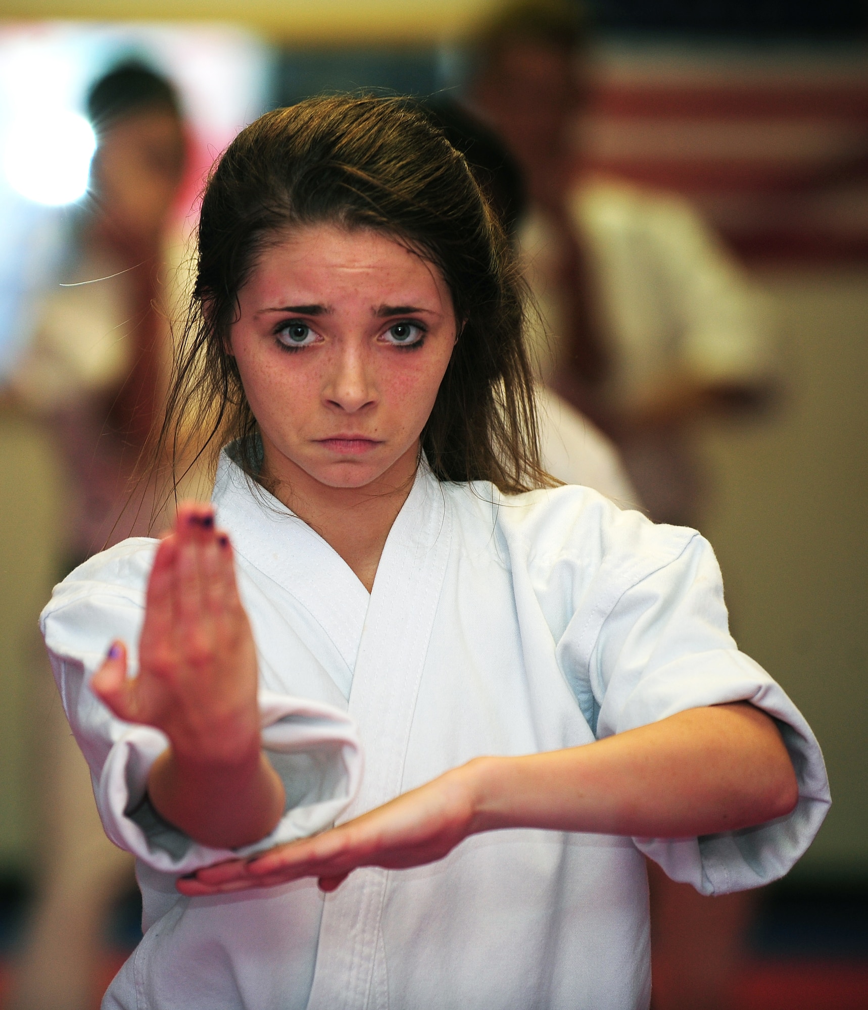 Aerial Vineyard, 15, performs kata during her karate practice in Goldsboro, N.C., Oct. 2, 2012. Aerieal earned a gold medal in kata, or detailed choreographed karate movements, at this year’s Junior Olyimpics. Aerieal is the daughter of Tech. Sgt. Michael Vineyard, 335th Aircraft Maintenance Unit flight line expeditor. (U.S. Air Force photo/Airman 1st Class Aubrey Robinson/Released)