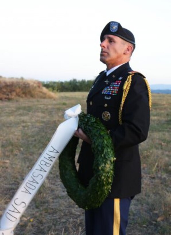 Col. Paul Brotzen, U.S. Embassy Belgrade defense attach&eacute;, lays a wreath at the Halyard Mission memorial in Pranjani, Serbia September 24, 2012. The memorial pays tribute to the friendship and alliance developed between U.S. airmen and the people of Serbia in 1944. During World War II more than 500 Airmen were shot down over occupied Serbia and rescued by local Serbians who ultimately assisted in the largest evacuation of troops behind enemy lines in the war. The people of Pranjani were instrumental in the success of the Halyard Mission rescue, as a small token of thanks, the U.S. European Command, U.S. Embassy and U.S. Army Corps of Engineers Europe District delivered a new gymnasium to the Ivo Andric Primary School and the children of Pranjani.
