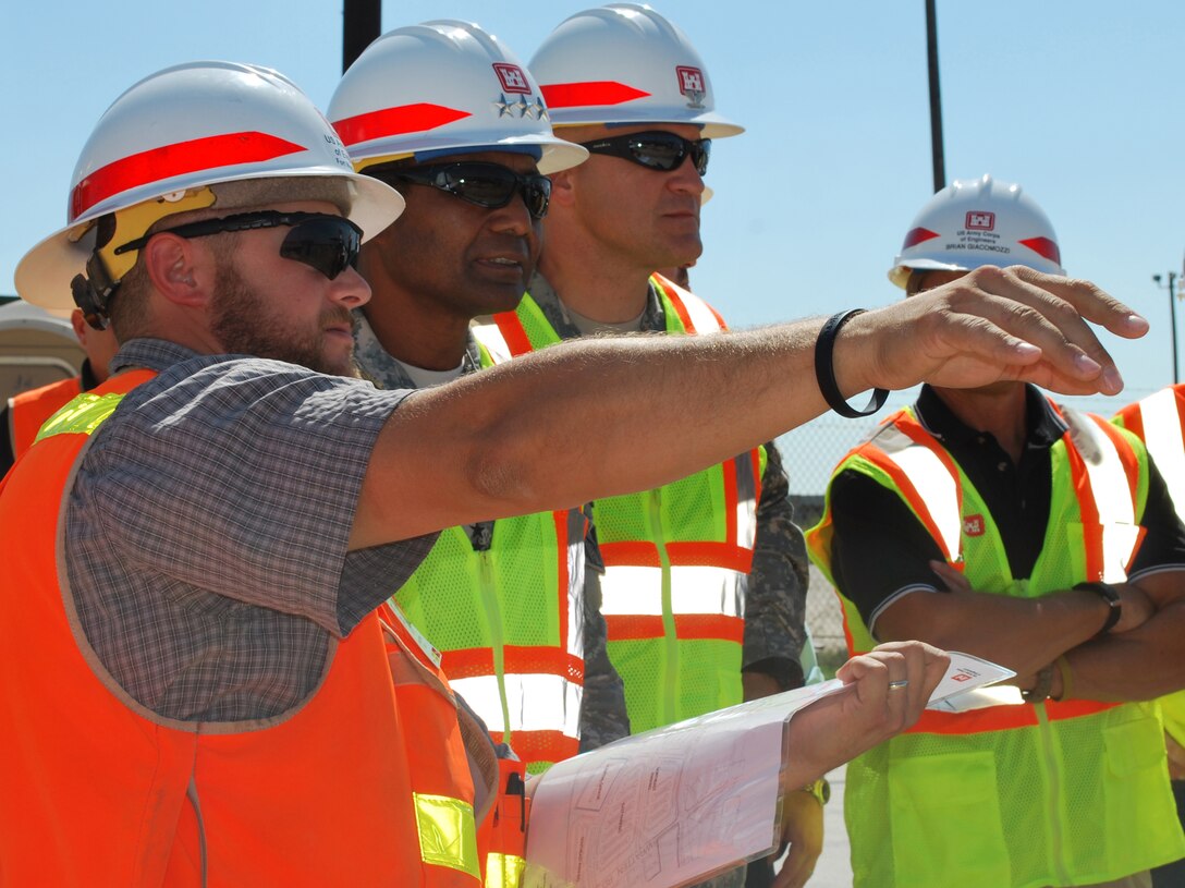 Bryan Kotalik, construction representative, Fort Hood Hospital briefs Lt. Gen. Thomas P. Bostick, Chief of Engineers, on the current state of the hospitals construction.