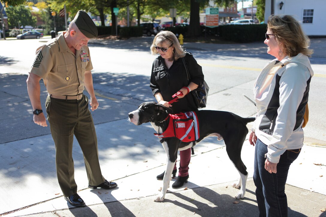 Sgt. Maj. Micheal P. Barrett, the 17th Sergeant Major of the Marine Corps, visits with Richard and Rose Blizzard, volunteers with Paws and people assisitng Wounded Warriors, and their Great Dane "Barrett" in Westminster, Md., Oct. 1, 2012. Barrett is a service dog who is being trained to assist veterans who have traumatic brain injuries or post-traumatic stress disorder. The 9-month-old puppy was named after Sgt. Maj. Barrett. (U.S. Marine Corps photo by Cpl. Cody A. Fodale)
