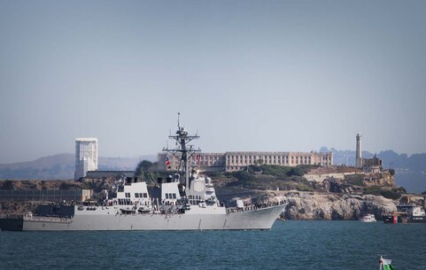 The U.S. Navy's USS Preble, an Arleigh Burke-class destroyer, cruises through the San Francisco Bay past Alcatraz Island, Oct. 6, 2012, during San Francisco Fleet Week 2012â€™s Parade of Ships event. Nine sea vessels belonging to the U.S. Navy, Coast Guard, San Francisco Fire Department and the Canadian Navy entered the San Francisco Bay underneath the Golden Gate Bridge in a prestigious and ceremonial event â€“ tradition to San Francisco Fleet Week.