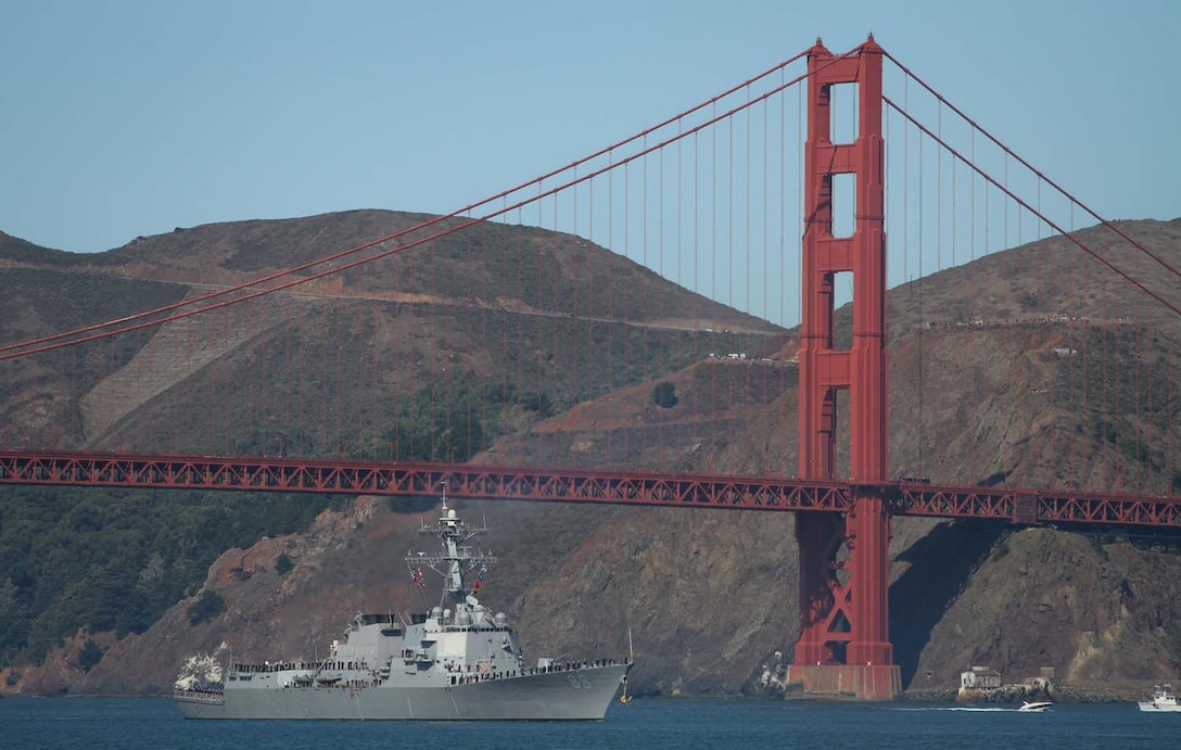 The U.S. Navy's USS Preble, an Arleigh Burke-class destroyer, enters the San Francisco Bay under the Golden Gate Bridge Oct. 6, 2012, during San Francisco Fleet Week 2012â€™s Parade of Ships event. Nine sea vessels belonging to the U.S. Navy, Coast Guard, San Francisco Fire Department and the Canadian Navy entered the San Francisco Bay underneath the Golden Gate Bridge in a prestigious and ceremonial event â€“ tradition to San Francisco Fleet Week.