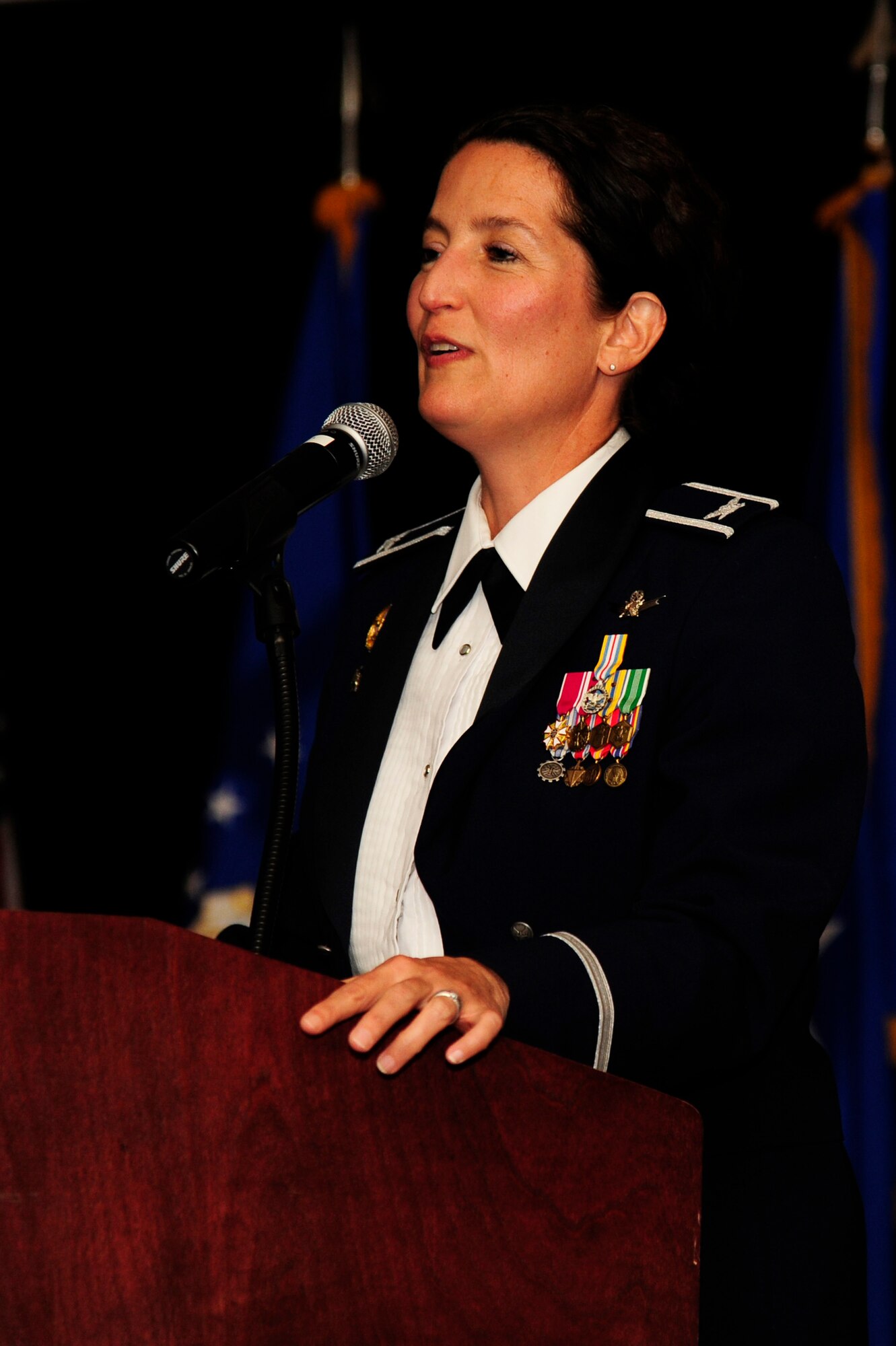 VANDENBERG AIR FORCE BASE, Calif. – Col. Nina Armagno, 30th Space Wing commander, speaks during the Air Force Ball at the Pacific Coast Club here Friday, Oct. 5, 2012. The Air Force Ball celebrated the 65th birthday of the Air Force and the 30th anniversary of Air Force Space Command. (U.S. Air Force photo/Senior Airman Lael Huss)