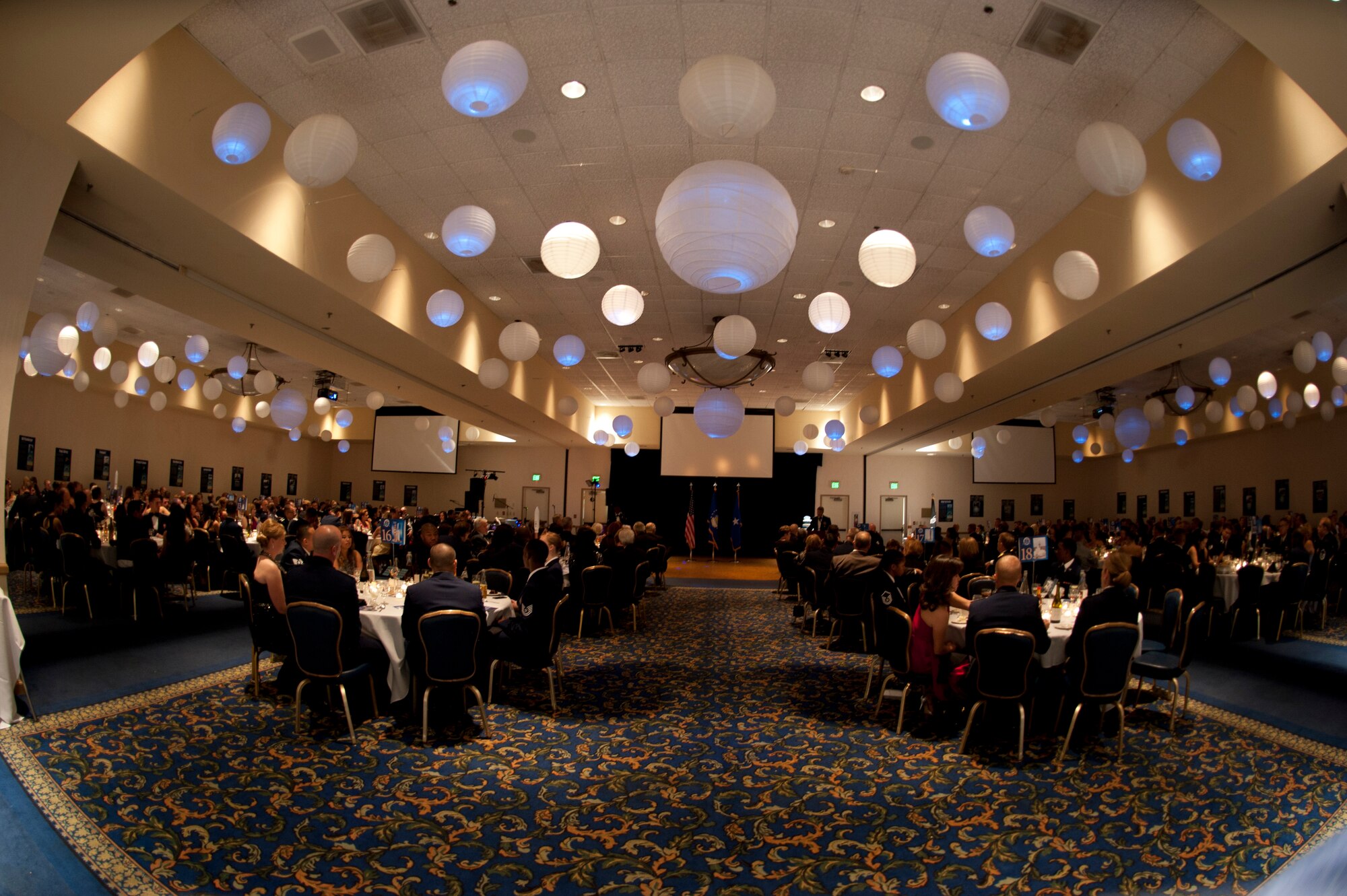 VANDENBERG AIR FORCE BASE, Calif. – Some Team V members gather at the Pacific Coast Club’s ballroom for Vandenberg’s Air Force Ball here Friday, Oct. 5, 2012. The Air Force Ball celebrated the 65th birthday of the Air Force and the 30th anniversary of Air Force Space Command. (U.S. Air Force photo/Senior Airman Lael Huss)