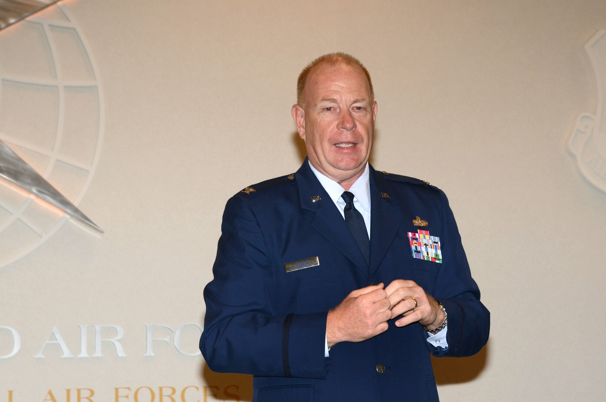 Col. Franklin Myers speaks during an activation ceremony after becoming the interim commander of the 622nd Civil Engineering Group at Dobbins Air Reserve Base, Sep.8.  The newly activated group will organize six reserve RED HORSE squadrons under one unified command located at Dobbins ARB. (U.S. Air Force photo/Brad Fallin)