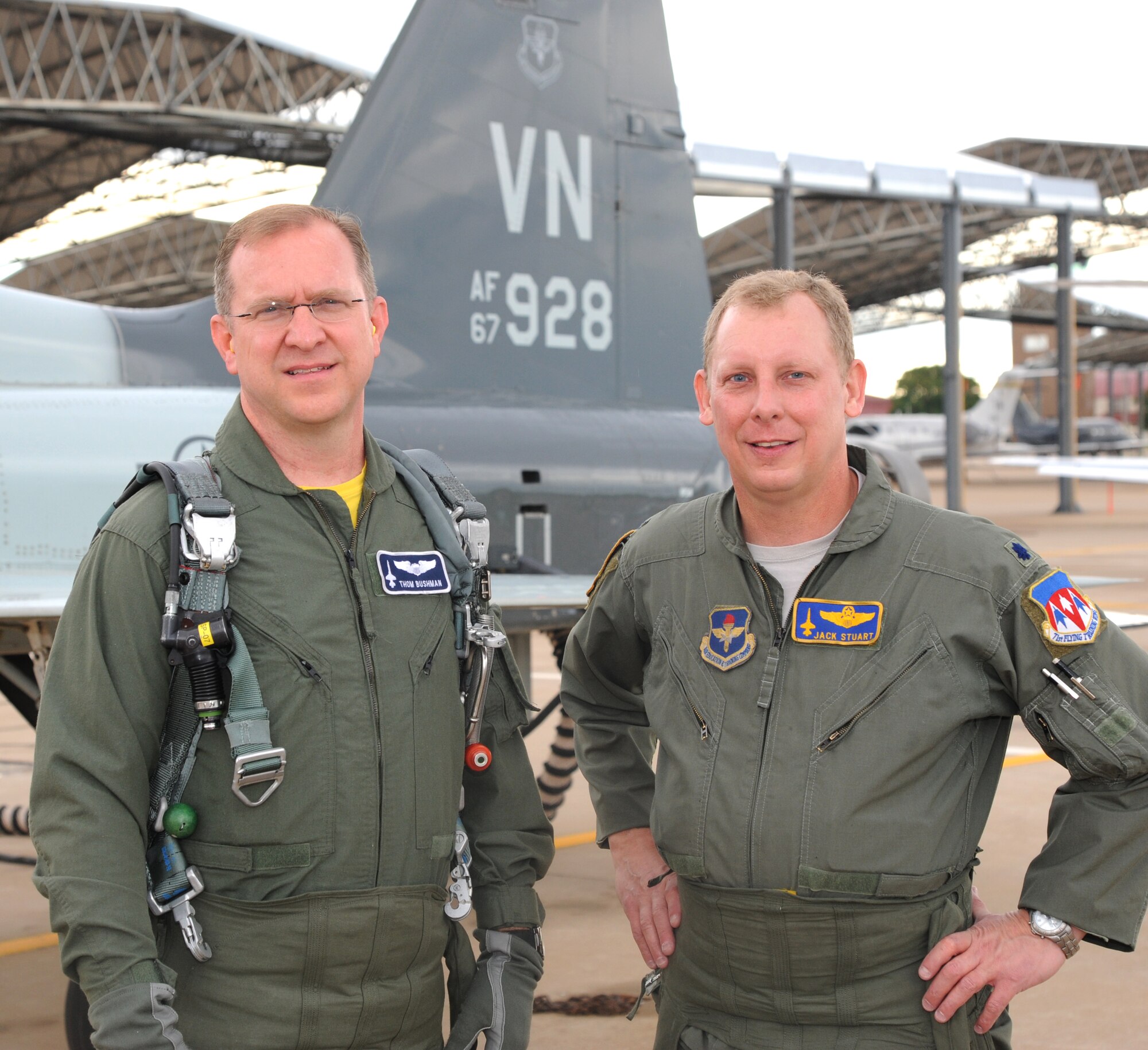 Thom Bushman, left, and Lt. Col. Jack Stuart flew together in a T-38 Talon training aircraft at Vance Air Force Base, Okla., Sept. 27. Twenty-five years ago, Bushman was an Air Force student pilot at Williams Air Force Base, Ariz., and received his first ride in a T-38 with Stuart at the controls as an instructor pilot. (U.S. Air Force photo/ Airman 1st Class Frank Casciotta)