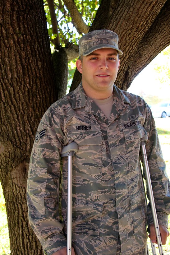 Senior Airman Paul Hirner, 932nd Aeromedical Staging Squadron, called his first deployment to Germany a "tremendous training experience."   Hirner said he was part of litter teams that carried patients on and off various cargo aircraft on the flightline at Ramstein Air Base.  While at Ramstein, he was assigned to the 86th Contingency Aeromedical Staging Facility. Although Hirner suffered a sports injury that occurred during his deployment,  he isn't slowing down.  Hirner is currently working extra duty days in the ASTS orderly room while he gets around on crutches.  The 932nd ASTS, part of the 932nd Airlift Wing,  is an Air Force Reserve unit located at Scott Air Force Base, Ill. (U.S. Air Force photo/Tech. Sgt. Dan Oliver) 