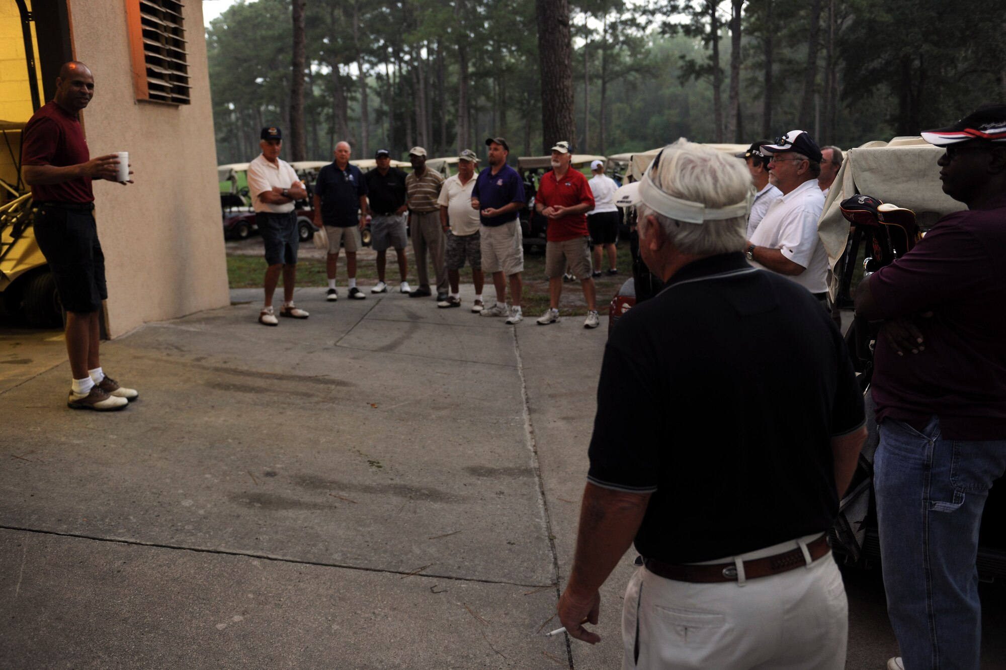 U.S. Air Force Col. Edward Ford, 23d Mission Support Group commander, welcomes retirees to a Retiree Appreciation Week golf tournament at Moody Air Force Base, Ga., Oct. 5, 2012. The tournament concluded with lunch provided by a local restaurant. (U.S. Air Force photo by Staff Sgt. Ciara Wymbs/Released)