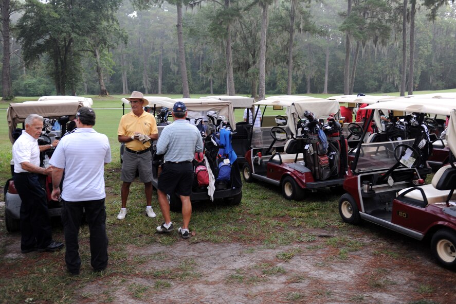 Retirees prepare for a golf tournament during Retiree Appreciation Week at Moody Air Force Base, Ga., Oct. 6, 2012. During the tournament, retirees had the opportunity to compete for prizes and the title of top golfer for the year. (U.S. Air Force photo by Staff Sgt. Ciara Wymbs/Released)